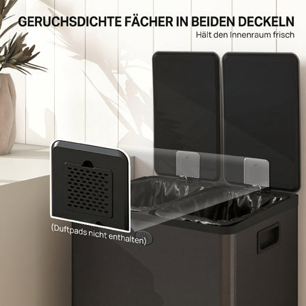 Dual Compartment 28L Trash Bin, Stainless Steel, Black