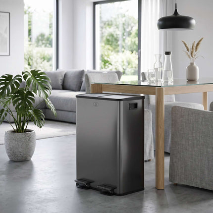 Dual Compartment 28L Trash Bin, Stainless Steel, Black