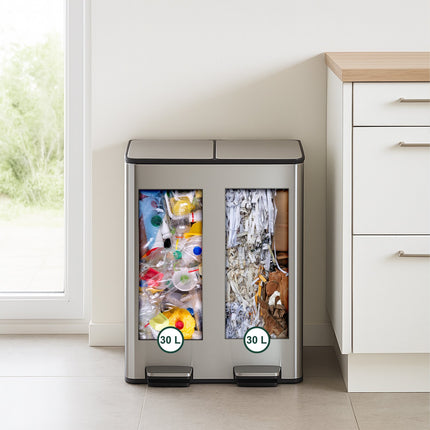 Dual Compartment 30L Kitchen Waste Bin with Foot Pedal