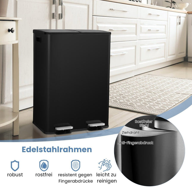 Keukenprullenbak met twee compartimenten, 60 liter, zacht sluitend, zwart