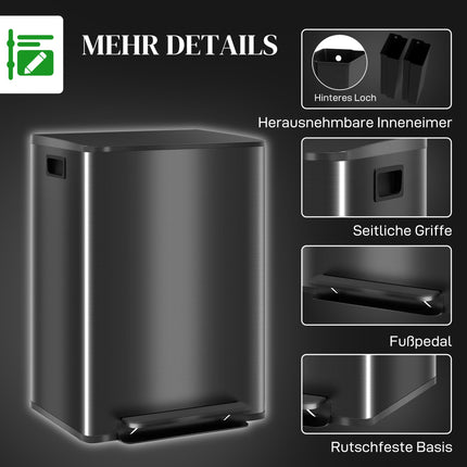 Dual Compartment Kitchen Trash Can, 60L Stainless Steel