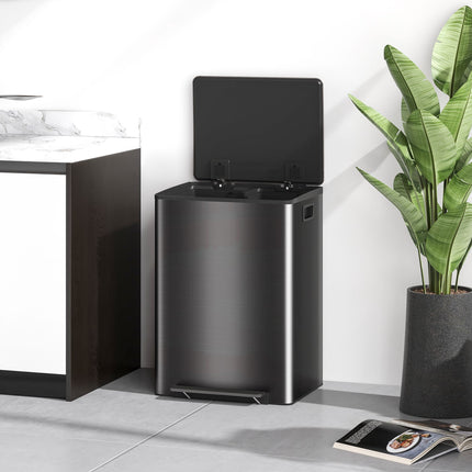 Dual Compartment Kitchen Trash Can, 60L Stainless Steel