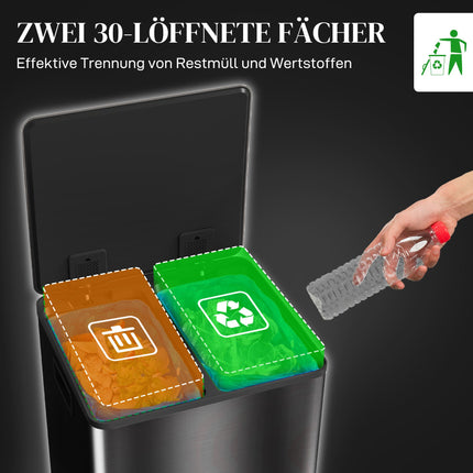 Dual Compartment Kitchen Trash Can, 60L Stainless Steel