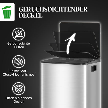 Dual Compartment Trash Can, 40L, Soft-Close, Stainless Steel