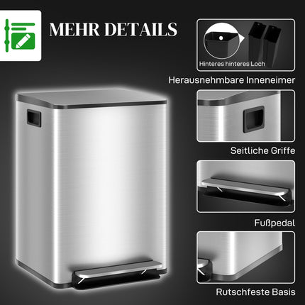 Dual Compartment Trash Can, 40L, Soft-Close, Stainless Steel