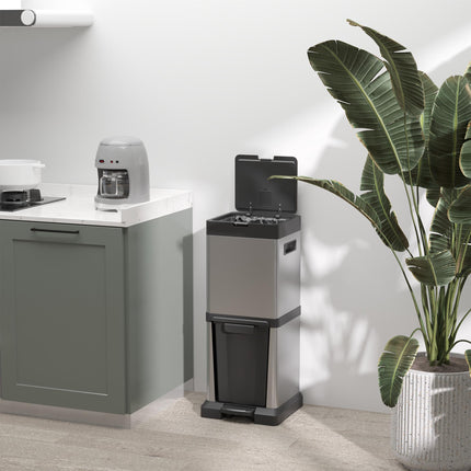 Dual Compartment Trash Can, Stainless Steel, 34L Total Capacity