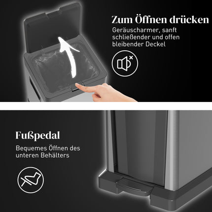 Dual Compartment Trash Can, Stainless Steel, 34L Total Capacity