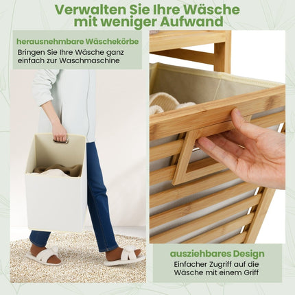 Dual Laundry Hamper, 75L Bamboo with Removable Bins