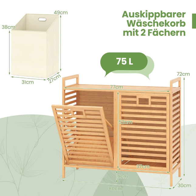 Dual Laundry Hamper, 75L Bamboo with Removable Bins