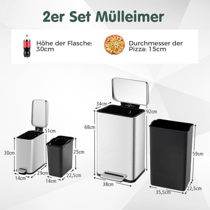 Dual Trash Can Set, 40L & 6L, Stainless Steel, Soft-Close