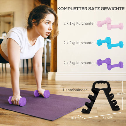 Dumbbell Set with Rack, 6 Weights: 1kg, 2kg, 3kg