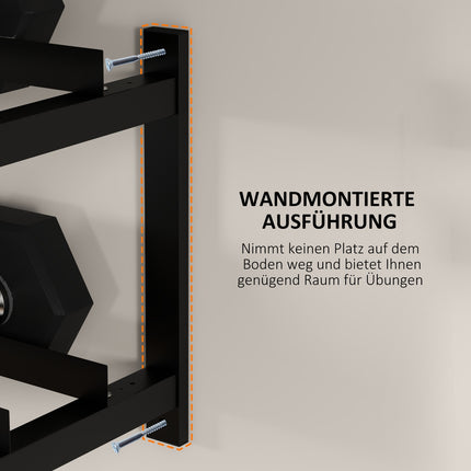 Wall-mounted dumbbell rack, 2 shelves, 70 kg capacity