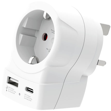 EU to UK Plug Adapter, USB-A/USB-C 20W PD Grounded