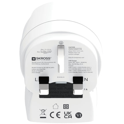 EU to UK Plug Adapter, USB-A/USB-C 20W PD Grounded