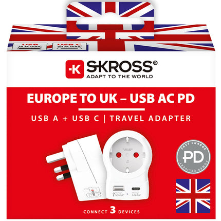 EU to UK Plug Adapter, USB-A/USB-C 20W PD Grounded