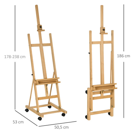 Adjustable easel in beech wood with wheels - foldable stand in canvas