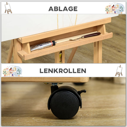 Adjustable easel in beech wood with wheels - foldable stand in canvas