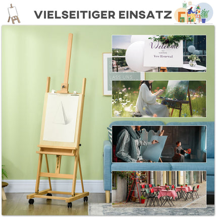 Adjustable easel in beech wood with wheels - foldable stand in canvas