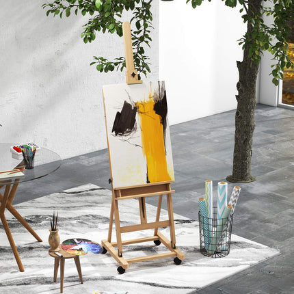 Adjustable easel in beech wood with wheels - foldable stand in canvas