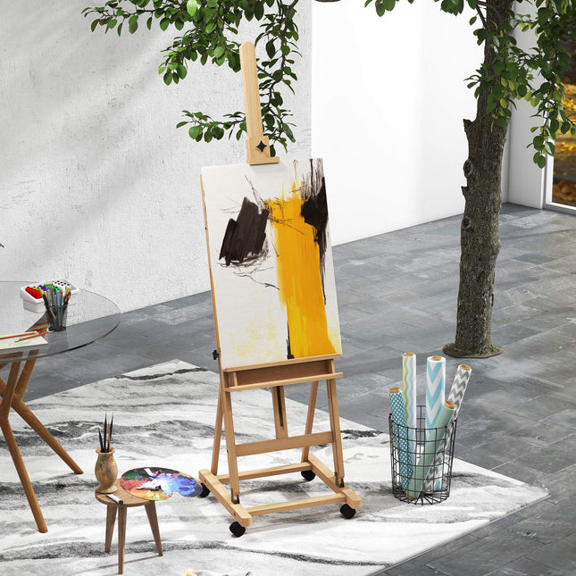 Adjustable easel in beech wood with wheels - foldable stand in canvas