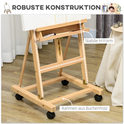 Adjustable easel in beech wood with wheels - foldable stand in canvas