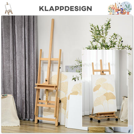 Adjustable easel in beech wood with wheels - foldable stand in canvas