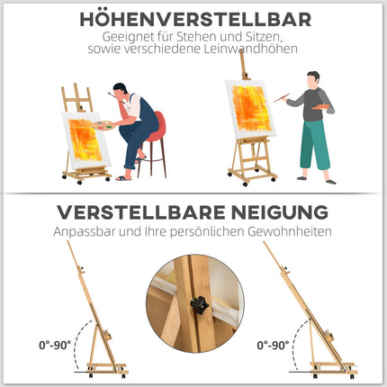 Adjustable easel in beech wood with wheels - foldable stand in canvas