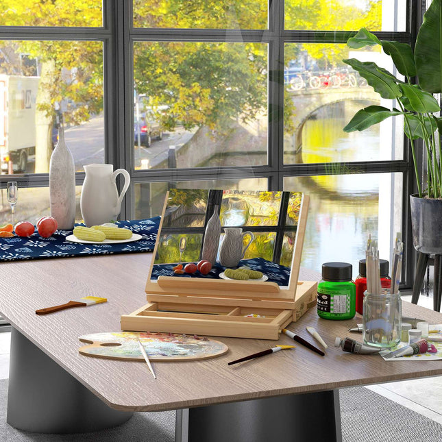 Adjustable easel in beech wood with drawer - collapsible studio stand