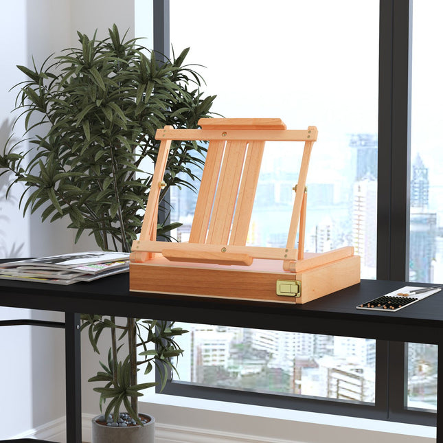 Easel in beech wood with adjustable angle and box