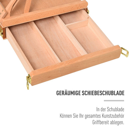 Easel in beech wood with adjustable angle and box