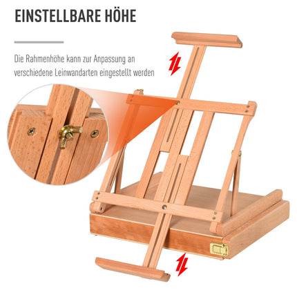 Easel in beech wood with adjustable angle and box