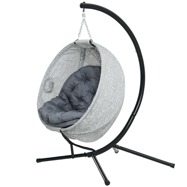 Egg-shaped outdoor hanging chair, gray - folding swing with cup holder