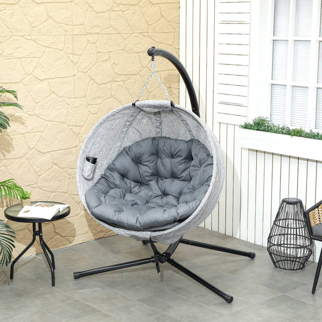 Egg-shaped outdoor hanging chair, gray - folding swing with cup holder