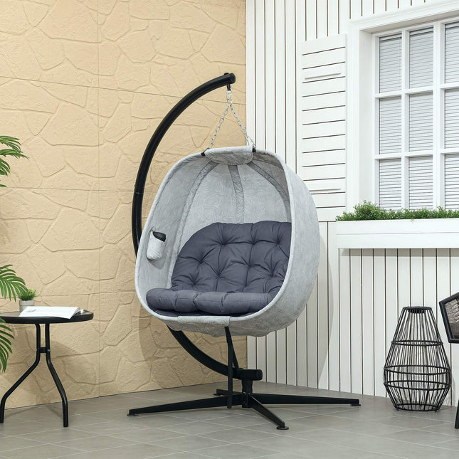 Egg-shaped outdoor hanging chair with cushions, gray