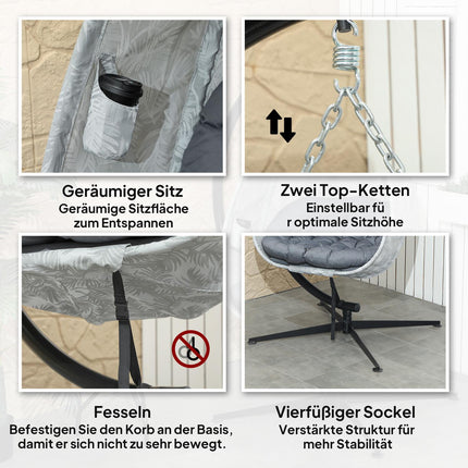 Eivormige hangstoel voor buitengebruik, opvouwbare hangschommel met frame, zitkussens, hangmat voor 1 persoon, schommelstoel binnen buiten, terras, tuin, grijs Aosom