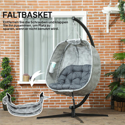Eivormige hangstoel voor buitengebruik, opvouwbare hangschommel met frame, zitkussens, hangmat voor 1 persoon, schommelstoel binnen buiten, terras, tuin, grijs Aosom