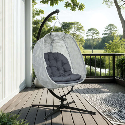 Eivormige hangstoel voor buitengebruik, opvouwbare hangschommel met frame, zitkussens, hangmat voor 1 persoon, schommelstoel binnen buiten, terras, tuin, grijs Aosom
