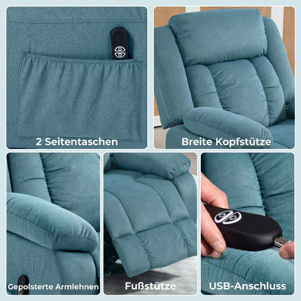 Electric Blue Recliner Chair with Remote & Side Pockets
