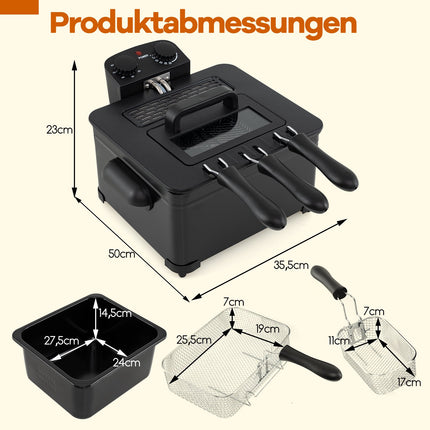 Electric Deep Fryer 5L, 1700W, 3 Baskets, Black