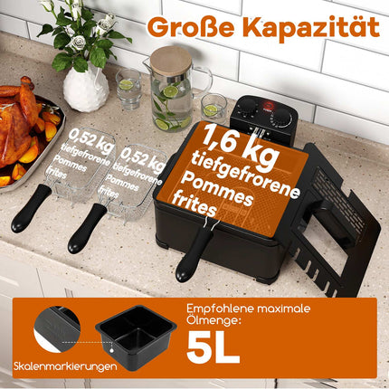 Electric Deep Fryer 5L, 1700W, 3 Baskets, Black