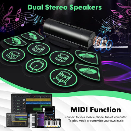 Electric Drum Kit with 9 Pads Roll-up drum practice pad with 2 stereo speakers