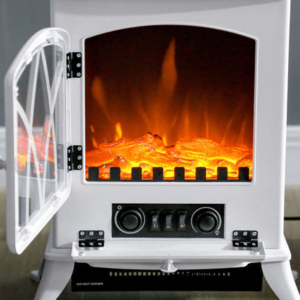 Electric Fireplace Heater with LED Flame, 1000/2000W, White