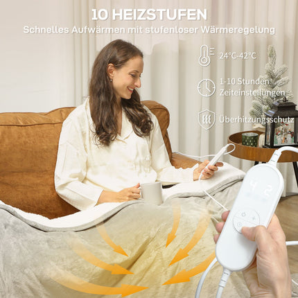 Electric Heated Blanket 180x130 cm, 10 Heat Levels, Timer