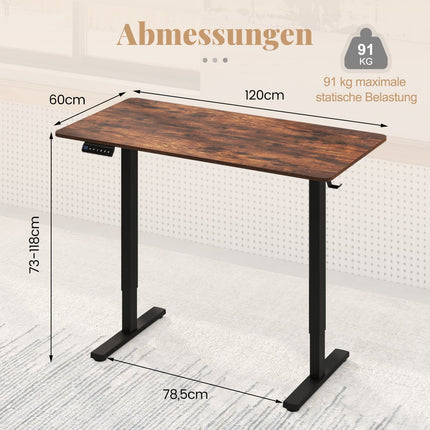 Electric Height-Adjustable Desk, 120 x 60 cm, Rustic Brown