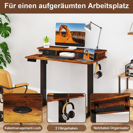 Electric Height Adjustable Desk with Monitor Stand, 100x60 cm