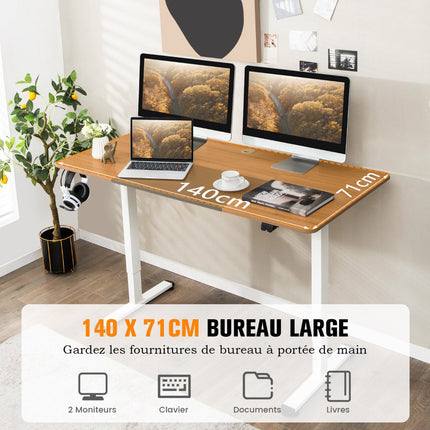 Electric Height-Adjustable Standing Desk, 140x70 cm, Oak
