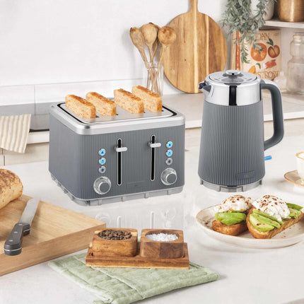 Electric Kettle 1.7L 2200W & 4-Slice Toaster, Grey