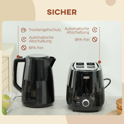 Electric Kettle & Toaster Set, 1.7L, Stainless Steel, Black
