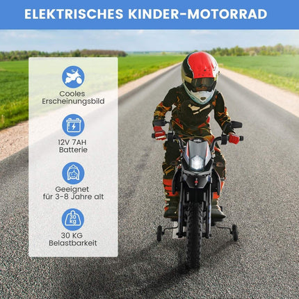 Electric Kids Motorcycle with Training Wheels, Music, 12V Battery