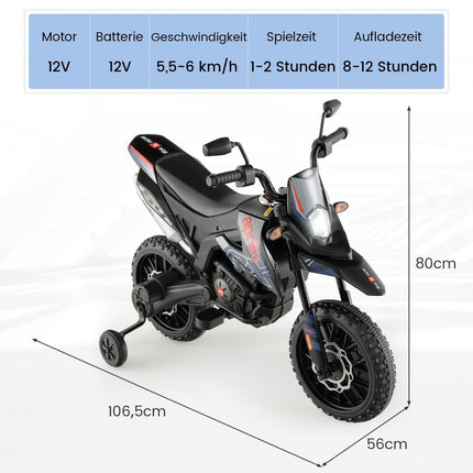Electric Kids Motorcycle with Training Wheels, Music, 12V Battery